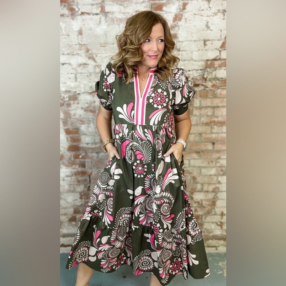 Entro Green and Pink Floral Midi Dress Size Small